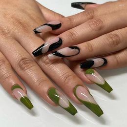 False Nails 24Pcs Fashion Wearable Nail Art Black Green Ripple French Detachable Long Coffin Fake With Glue Full Cover Press On