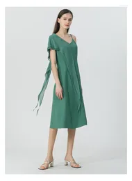 Party Dresses Green 60 Momme Heavyweight Mulberry Silk Women V-neck One-Shoulder Flying Sleeve Streetwear Summer Dress Chic AE1720