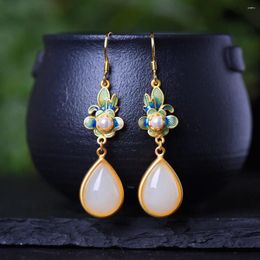 Dangle Earrings Natural Hetian Jade Water Drop White Stone S925 Sterling Silver Long Flower Enamel National Style