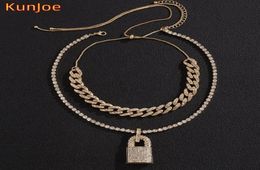 Pendant Necklaces KunJoe 2022 Hip Hop Bling Lock Choker Iced Out Shiny Cubic Zircon Necklace For Men Charm Jewelry Fashion Punk Ch2788612