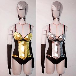 Stage Wear Women Sexy Pole Dance Costume Mirror Bikini Silver/Gold Headgear Nightclub Dj Gogo Dancer Performance Outfit