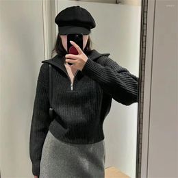 Women's Sweaters Pullover Knitted Clothing 2024 Spring Casual Zipper Lapel Ribbed Dark Grey Sweater Striped Turtleneck Top 1221245001