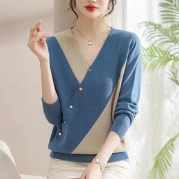 Women's Sweaters Knitted Bottom Shirt Pullover Sweater Women Autumn Winter2023 Loose Western-Style Color Matching V-Neck Long Sleeved Thin