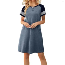 Casual Dresses Women Summer Stripe Splicing Loose T Shirt Dress Short Sleeve Swing With Maxi Sundresses For