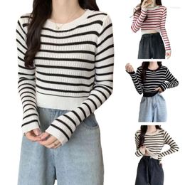 Women's T Shirts Casual Long Sleeve Neck Stripe Fitted Knitted Pullover Sweater Tops N7YF