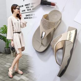 Flops Casual Woman Sandals Flipflops Summer Rhinestone Wedge Heel Thick Bottom Beach Women's Slippers Nonslip Platform Shoes