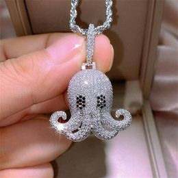 Hip Hop Women's Fashion Jewellery Punk Octopus Pendant 925 Sterling Silver Full Pavw White Sapphire CZ Diamond Gemstones Party 2605