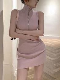 Pink Elegant Zipper Knitted Sweater Short Dress Woman Slim Sexy Mini Dress Party Dress Korean Fashion Spring 231226