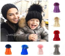 LAURASHOW Children Winter Raccoon Fox Fur Hat Girls Boys Real Fur pompoms Ball Baby Beanies Cap Kids Knitted Hats D181106013452333