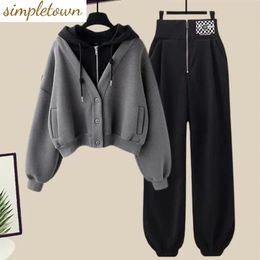 Winter Patchwork Hoodie Jacket Personalized Leggings Two-piece Elegant Women's Pants Set Tracksuit Outfits 231226