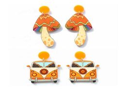 Stud Lovely Colourful Cartoon Mushroom And Trip Car With Flowers UV Print Acrylic Orange Earrings For WomenStud4963367