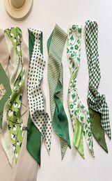 New white and tender green spring and summer long small silk scarf female hair band decorative scarf small scarf tied bag6578722