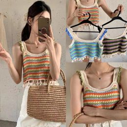 Women's Tanks 50JB Ruffled Strap Crop Top Women Bohemian Colorblock Striped Crochet Tassels Vest