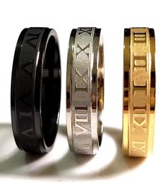 36pcs Gold Silver Black Etched Roman Numerals Mens Womens Stainless Steel Rings Comfortable Jewelry Width 6mm Anniversary Gift7130681