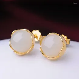 Dangle Earrings Natural Hetian Jade White Round Egg Surface Petals Fashion Stud Women's Sterling Silver S925 Ele