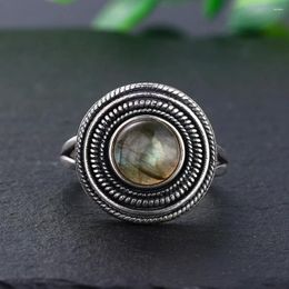 Cluster Rings Round 8MM Natural Labradorite Women's Gemstone S925 Sterling Silver Ring Vintage Style Fine Jewelri