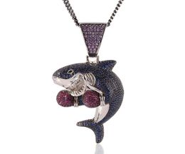 Personality Mens Hip Hop Necklace Gold Plated Bling CZ Boxing Shark Pendant Necklace with Cuban Chain Necklace2660065