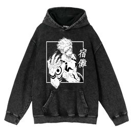 Anime Vintage Hoodie Men Jujutsu Kaisen Gojo Satoru Printed Sweatshirts Retro Wash Hoody Casual Oversized Unisex Coat Streetwear