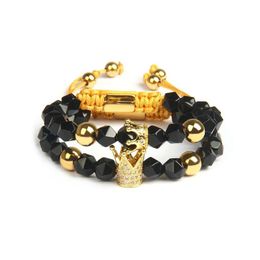 New Couples Crown Sets Bracelet with 8mm Natural Faceted Cut Onyx Stone Beads Attractive Jewellery Unisex Classic Tension329h