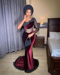 New Arrival 2024 Burgundy Velvet Prom Dresses Sexy One Sleeve Lace Crystal Beading Robe De Soiree African Evening Party Dress