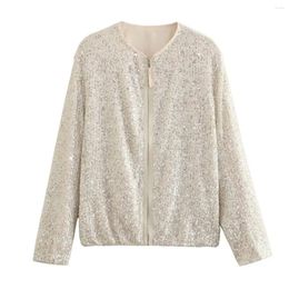 Women's Jackets Clothland Women Sexy Sequined Bomber Jacket Zipper Long Sleeve Female Stylish Outwear Shiny Coat Mujer CB059