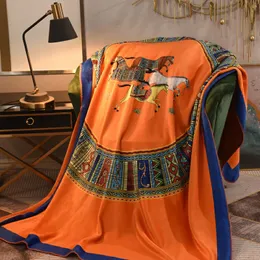 Blue orange Luxury Designer Blanket horse printed palace court Sofa Bed Double layer fox velvet square top designers rug Throw Blankets home decor