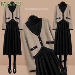 2023 Autumn Winter Korean Elegant V neck Contrast Knit Sweater Coat High Neck Dress Two Piece Women s Fashion Matching Set 231225