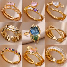 Zircon Heart Rings for Women 14k Yellow Gold Golden Color Open Ring 2024 Trend Design Female Couple Wedding Waterproof Jewerly