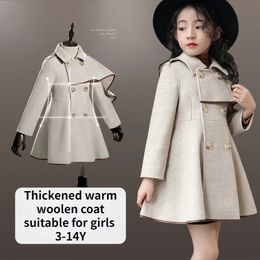 Girl's Woollen Long Coat Jacket Autumn Winter Luxury Warm Thick Trench Solid England Style Windbreaker Kids Clothes 231225