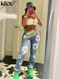 Jeans Women's Jeans Kliou Cotton Aesthetic Flower Print Jeans Women Casual High Waist All Match SKinny Denim Streetwear Pant Female Hips