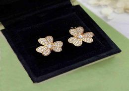 Famous Brand Pure 925 Sterling Silver Luxury Jewelry Earrings For Women Gold Color Flowers Sweet Romantic Luck Clover Wedding7195229