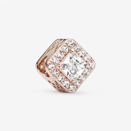 New Arrival 925 Sterling Silver Rose Gold Square Sparkle Halo Charm Fit Original European Charm Bracelet Fashion Jewelry Accessori2586