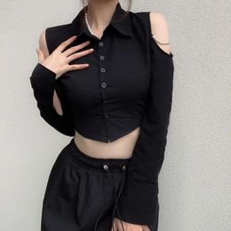 Shirt Deeptown Black Women Blouses Off Shoulder Sexy Cropped Top Gothic Y2k Tunics Long Sleeve Shirts Harajuku Fashion Punk Goth Kpop