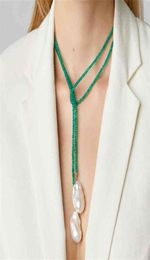 Women Temperament Long Drop Pendientes Necklace Baroque Freshwater Pearl Green beads Exquisite Handmade Choker Jewellery 210331256D4874913