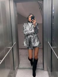 Elegant Silver Women s Sequin Shorts Suit Fashion Lapel Long Sleeeves Blazer Coat Set 2023 Autumn Office Lady Club Chic Outfits 231226