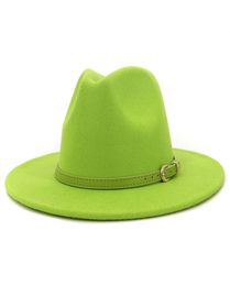 Fashion Lime Green Belt Buckle Decor Artificial Wool Felt Jazz Fedora Hats Women Men Flat Large Brim Panama Cowboy Cap L XL4429076