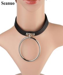 Seanuo Sexy SM Leather Alloy circle pendant Collar Necklace for men women Fashion torques Neckcloth punk choker necklace jewelry2874001