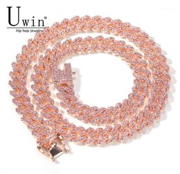 Uwin SLink Miami Rose Gold 12mm Cuban Link Pink Rhinestone Necklace Chain Full Bling Punk Bling Charm Hiphop Jewelry19730687