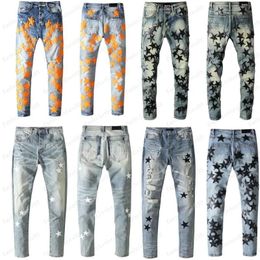 Jeans Men's jeans star ripped slim skinny men pants orange patch wearable jeans stretchy biker trendy long straight hip hop with holes b