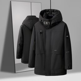 Men's hooded workwear, outdoor down jacket, medium length, comfortable, warm and windproof jacket
