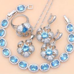 Bracelets Hyperbole Blue Crystal Sterling Sier Jewelry Sets for Women Party Earrings/pendant/necklace/rings/bracelet