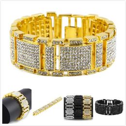New Fashion Stainless Steel Bling Full Diamond Gold Silver Black Hip Hop Mens Watch Band Chain Bracelet Rapper Wristband Jewellery f326k