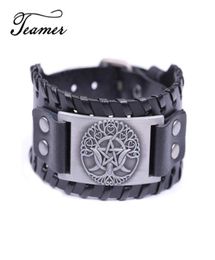 Charm Bracelets Teamer Brand Easy Buckle Wide Leather Tree Of Life Triple Moon Goddess Bracelet Pentagram Wiccan Amulet MTeen Bang4825880