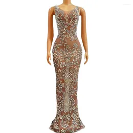 Stage Wear Sexy Sparkly Rhinestones Mesh Long Dress Women Wedding Birthday Party Celebrate See Through Po Shoot Gowns