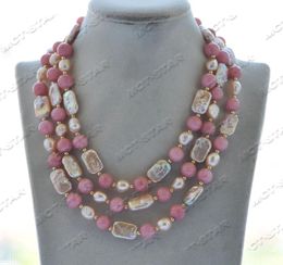 Necklaces Z12046 50'' 18mm Pink Square Coin Baroque Pearl Round Chalcedony Jade Necklace