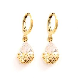 Trendy Luxury 24 K CT Gold GF CZ Water Drop Earring Dangle & Chandelier Bridal Accessories Cute Stone multiple colour select Elega255J