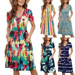 Casual Dresses Printing Summer For Women Formal Short Sleeve Button Down Knee Length Dress With Pockets