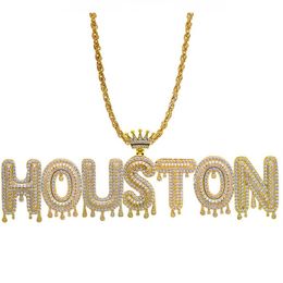 Hip Hop Custom Name Necklace Sparkling Crown Drip Letter Pendant Tennis Chain Necklace For Men & Women Gold Silver2445