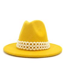 Women Men Wool Fedora Hat With Pearl Ribbon Gentleman Lady Winter Autumn Wide Brim Church Panama Sombrero Jazz Cap8598575