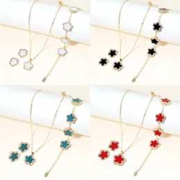 Necklace Earrings Set 3PC Double Sided Zircon Five Leaf Flower Jewellery For Women's Cute Gold Plated Accessories Party Gift Clover
